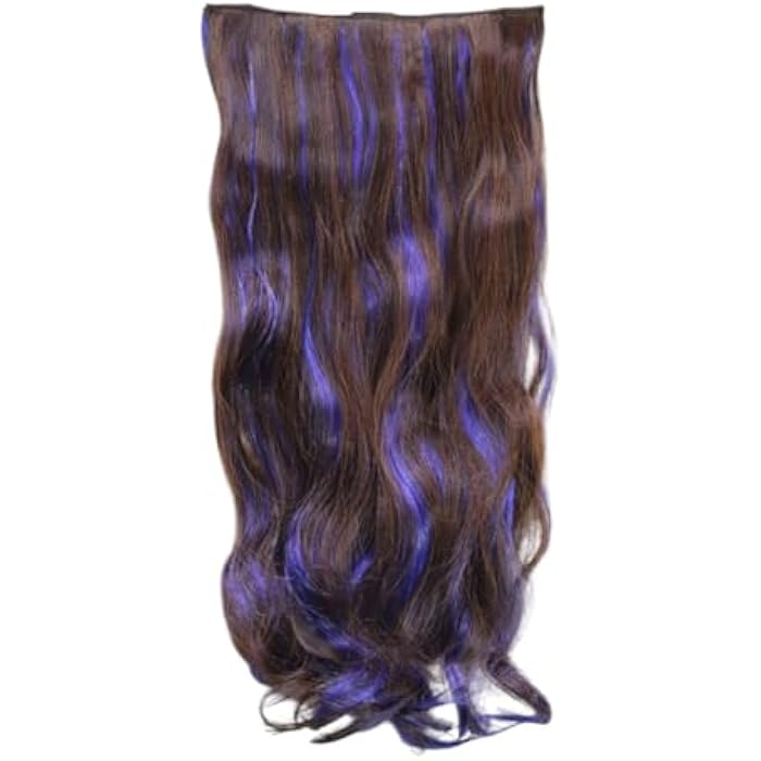 Synthetic Hair Extensions, Brown with Purple Highlights, Wavy Clip-in Style, Long Length, Heat Resistant